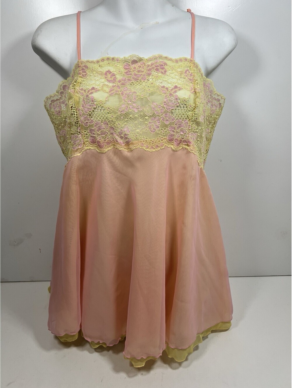 Vtg Y2K Victorias Secret Pink & Yellow Chiffon Lingerie Babydoll Dress Women L